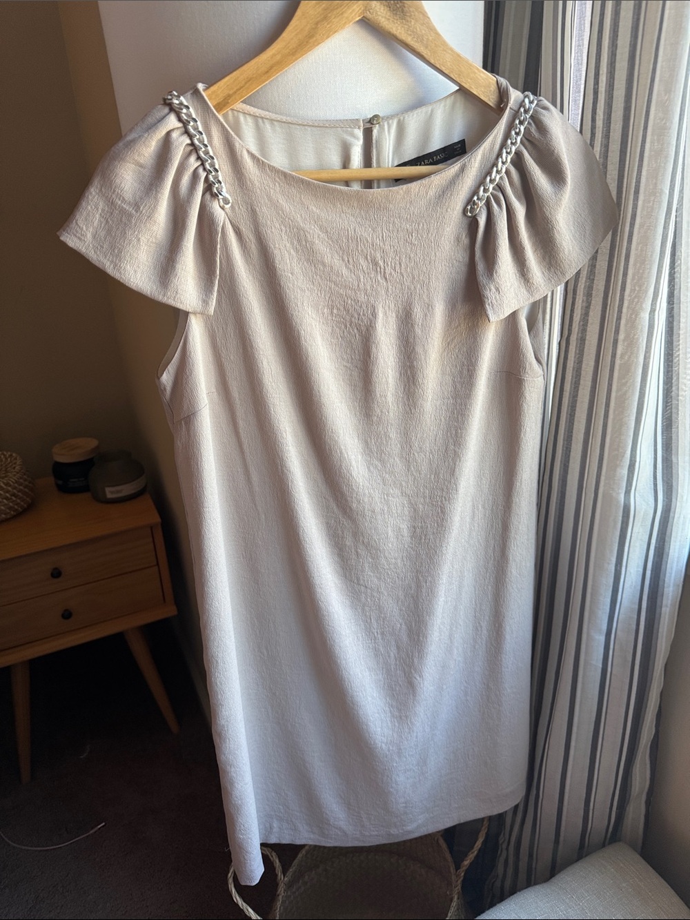 Zara Cream Shift Dress with Chain-Trim Cap Sleeves